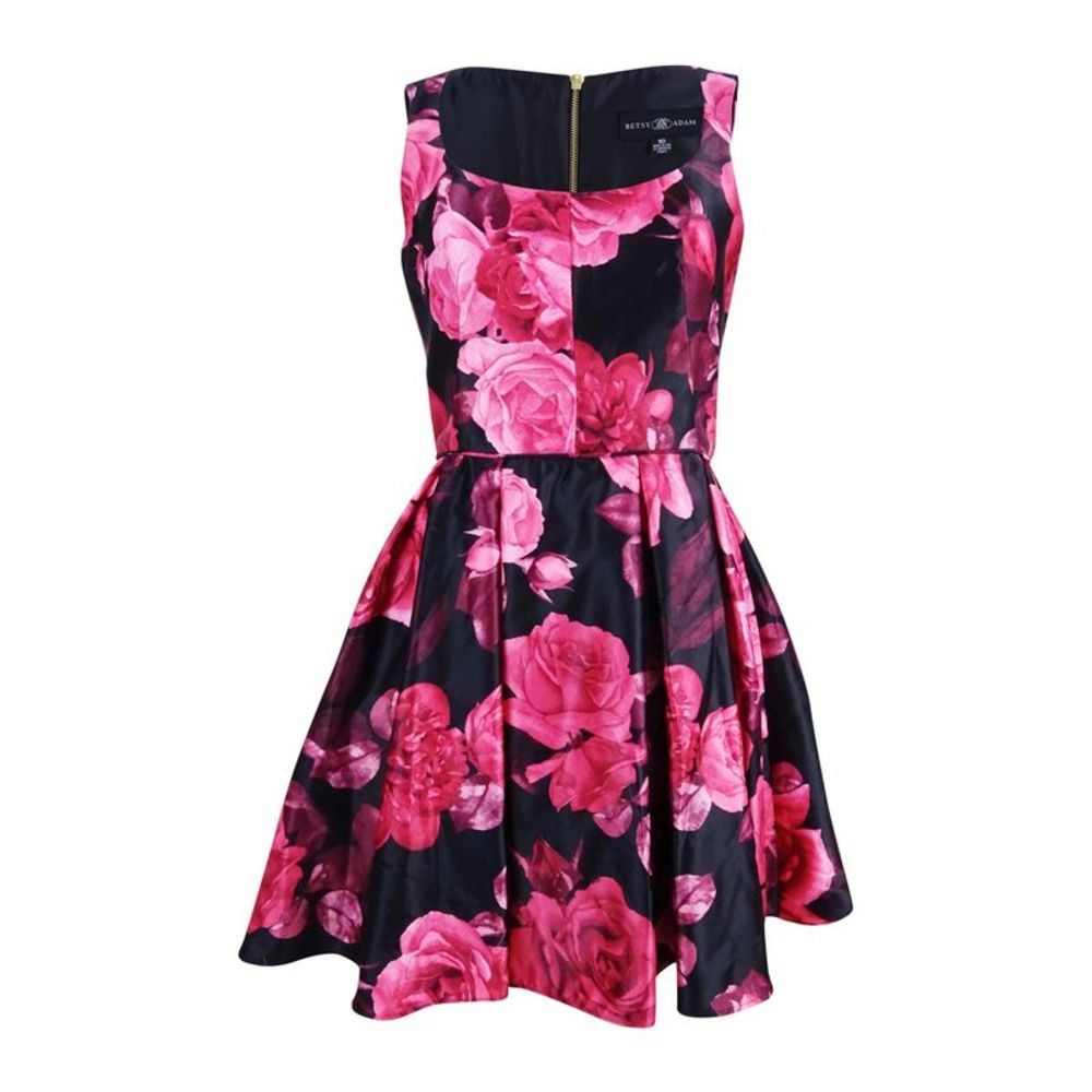 Betsy & Adam Women's Rose-Print Fit & Flare Party Dress - Black/Red